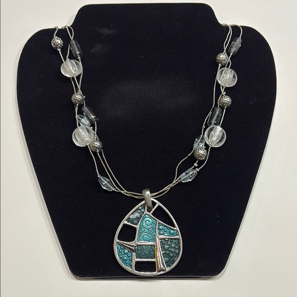 NEW! Silver Teardrop Pendant Necklace with Turquoise Enamel